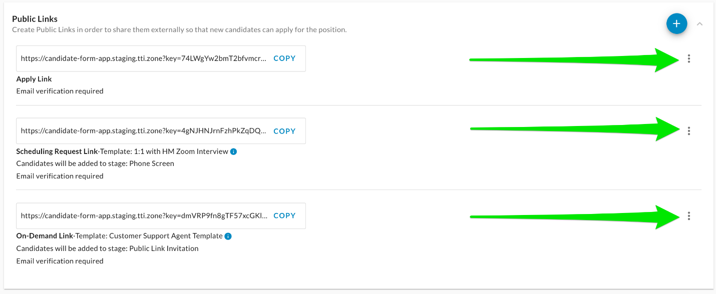 The Public Links section with arrows pointing to the three-dot menu on each of three links