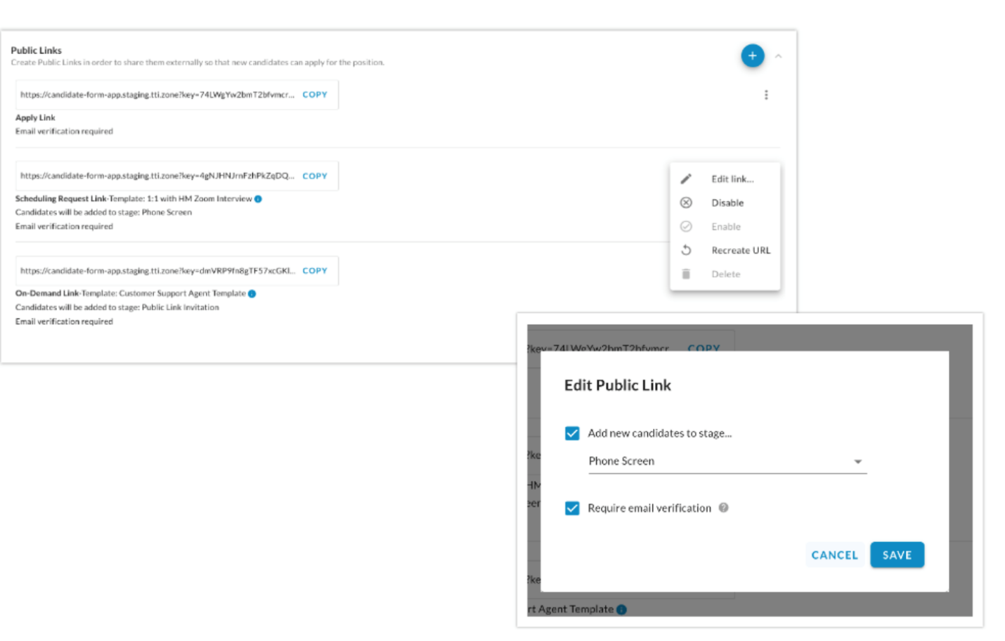 The Public Links three-dot menu with Edit link, Disable, Enable, Recreate URL and Delete, and the Edit Public Link dialog