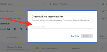 The Create a Live Interview dialog with a red arrow pointing to the empty Interview Title field