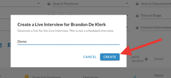 The Create a Live Interview dialog with a title entered and a red arrow pointing to the Create button
