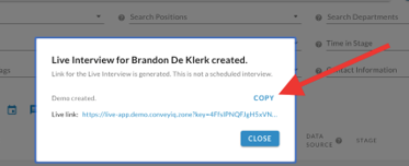 The Live Interview created dialog with an interview link and a red arrow pointing to the Copy button