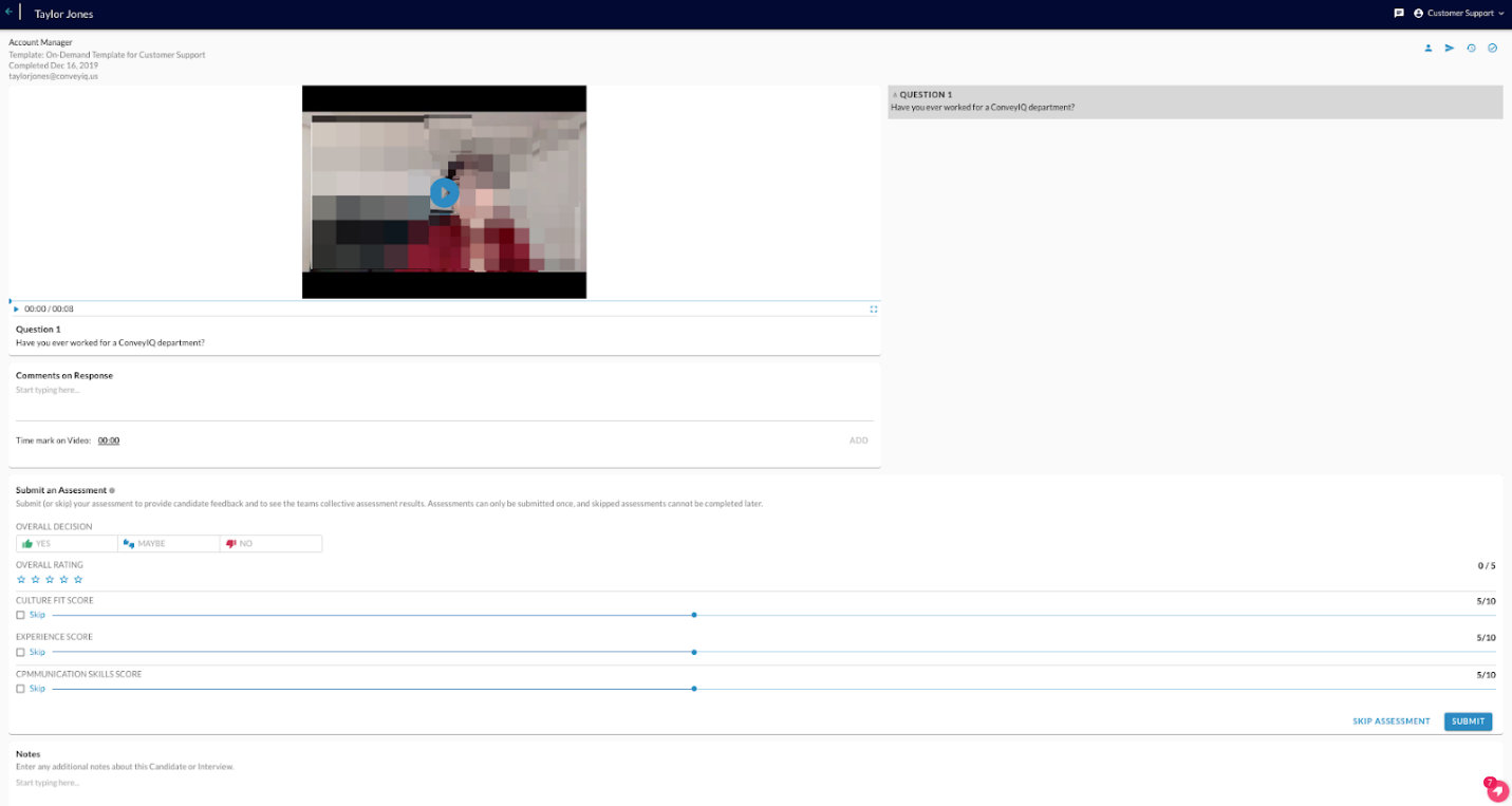 An interview review page with a video player, a question list and an assessment form with score sliders