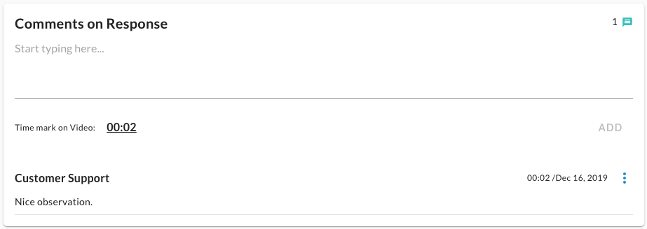 The Comments on Response section with a comment box, a time mark and one saved comment