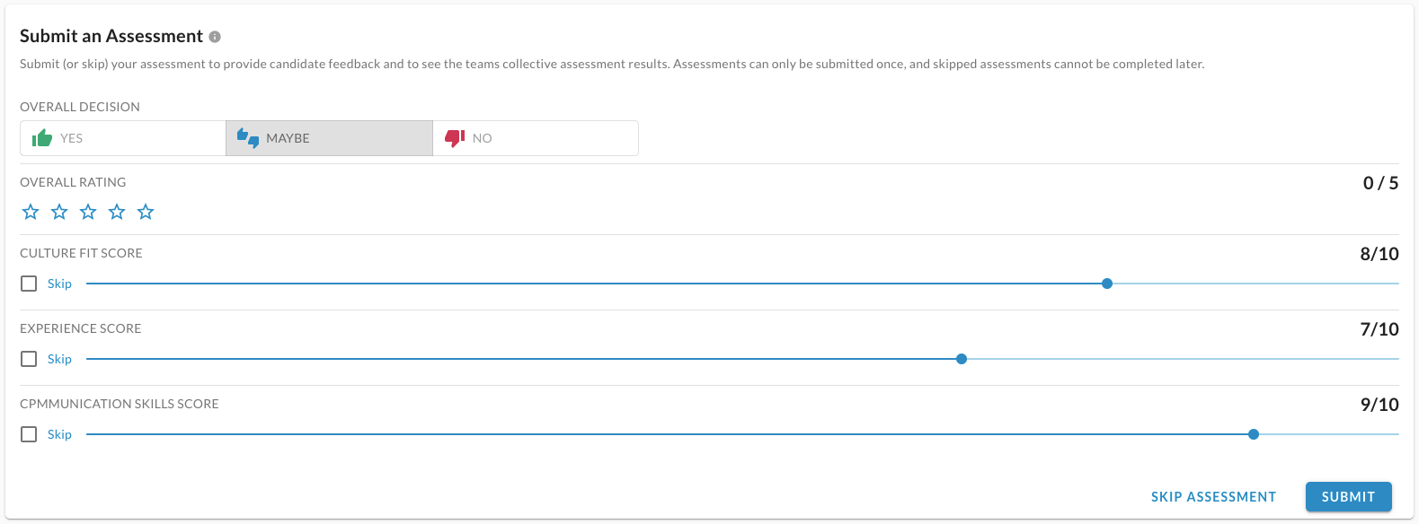 The Submit an Assessment form with Maybe selected, a star rating and three score sliders