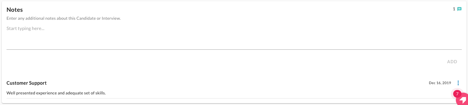 The Notes section with a text box, an Add button and one saved note
