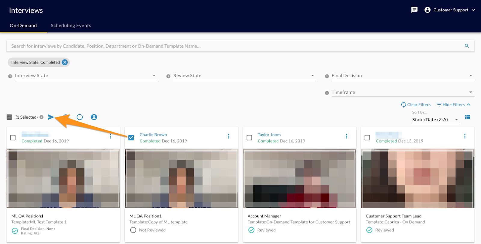 The Interviews page with one interview selected and an arrow pointing to the send icon in the toolbar