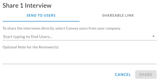 The Share 1 Interview dialog on the Send to Users tab, with an empty user field and an optional note field