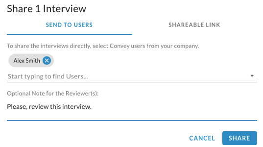 The Share 1 Interview dialog with one user added, a note entered and the Share button enabled