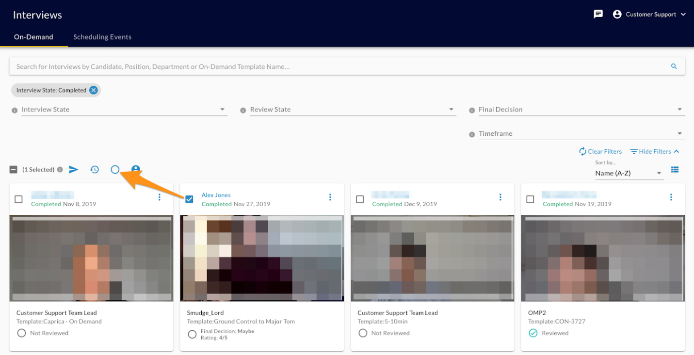 The Interviews page with one interview selected and an arrow pointing to the empty circle icon in the toolbar