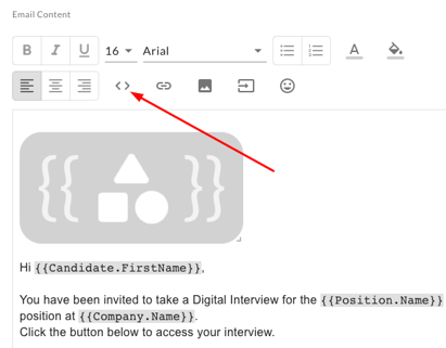 The Email Content editor toolbar with an arrow pointing to the source code icon above the email body