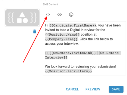 The SMS Content editor with an arrow pointing to the source code icon, and Cancel, Preview and Save buttons