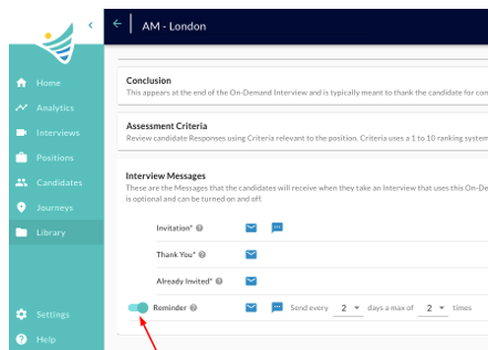 The Interview Messages section of an On-Demand template with an arrow pointing to the Reminder toggle, turned on