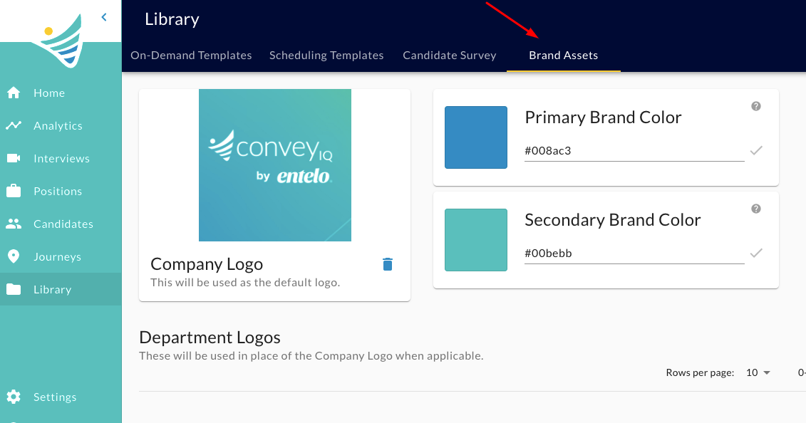 The Library page with an arrow pointing to the Brand Assets tab, showing a company logo and brand colors