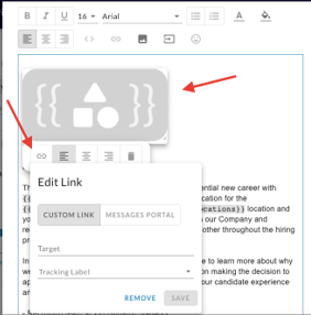 The email editor with an image selected and the Edit Link panel open, with arrows pointing to the image and link icon