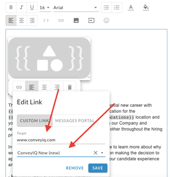 The Edit Link panel with a web address in Target and a tracking label selected, marked by two arrows