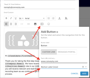The Add Button panel in the email editor with button label, URL and tracking label fields marked by arrows