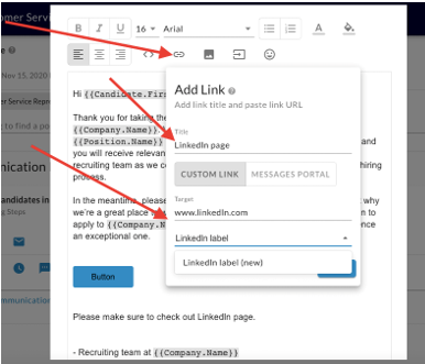 The Add Link panel in the email editor with a title, target URL and tracking label, marked by arrows