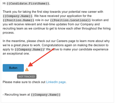 An email body with a Button next to a warning icon labelled Not tracked, with an arrow pointing to the icon