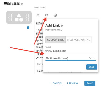 The Edit SMS dialog with the Add Link panel open, showing a target URL and a tracking label, marked by arrows