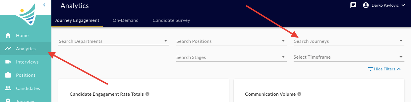 The Analytics page on the Journey Engagement tab, with arrows pointing to Analytics in the menu and Search Journeys