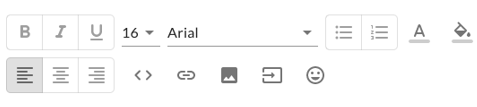 A text editor toolbar with bold, italic, underline, font size, font, list, alignment, link, image and emoji tools