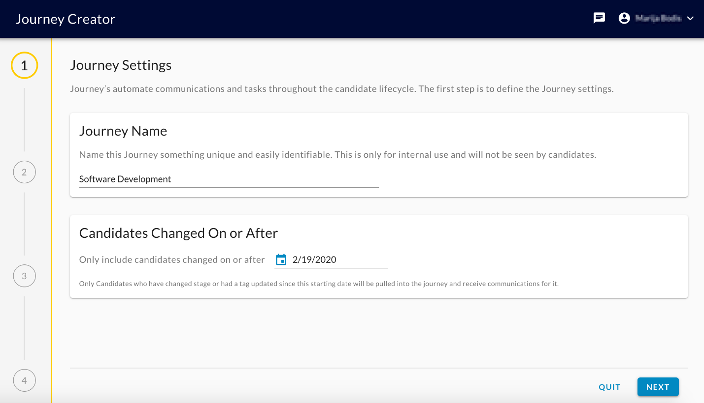 The Journey Settings step of the Journey Creator with the Journey Name and Candidates Changed On or After fields