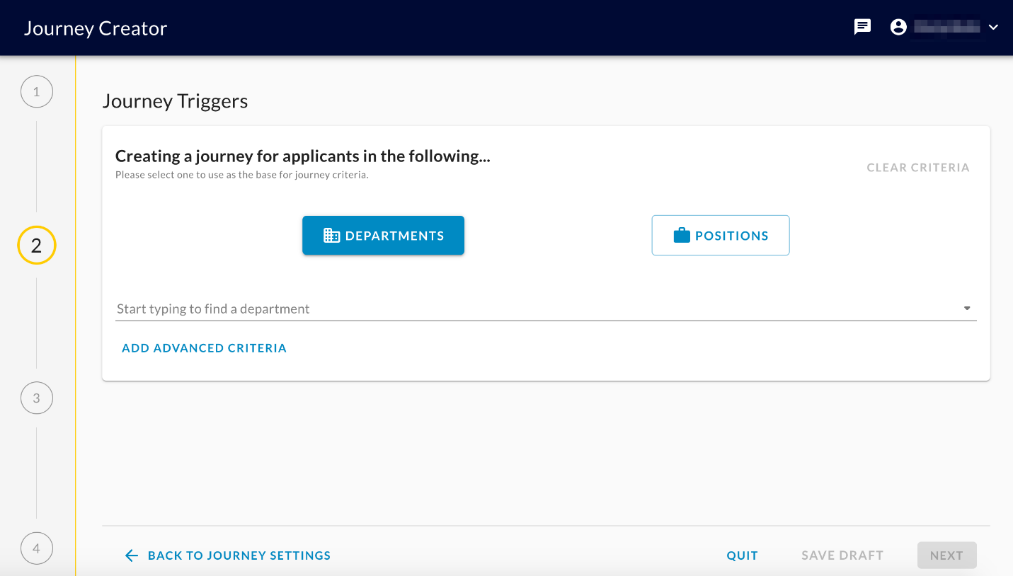 The Journey Triggers step with Departments and Positions buttons, a department search field and Add Advanced Criteria