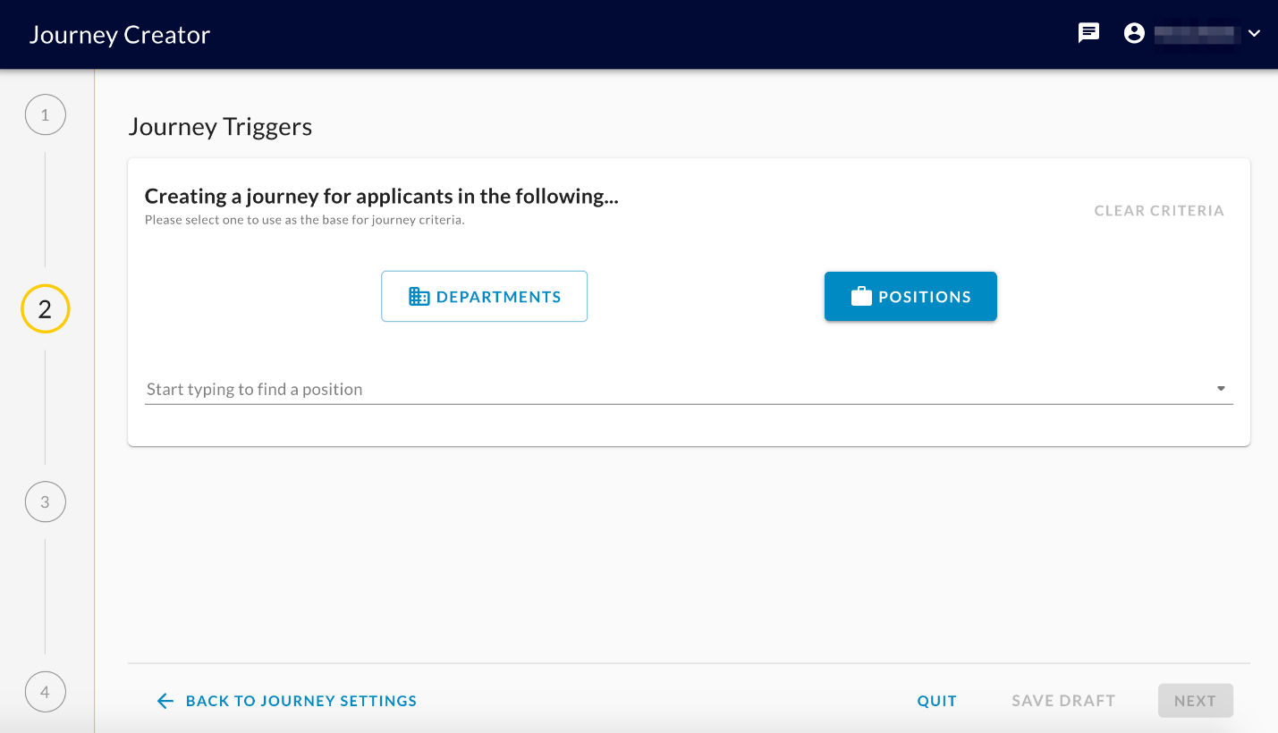 The Journey Triggers step with the Positions button selected and a position search field