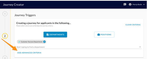 The Journey Triggers step with a department chosen and an arrow pointing to the Add Advanced Criteria link