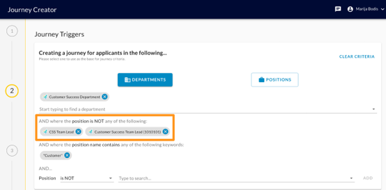 The Journey Triggers step with the excluded positions criteria row highlighted by an orange box