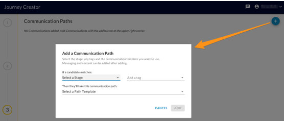 The Add a Communication Path dialog with Stage, tag and Path Template fields and a disabled Add button
