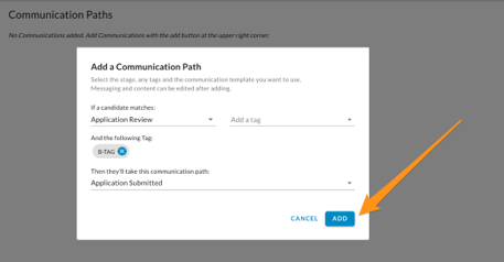 The Add a Communication Path dialog filled in, with an arrow pointing to the Add button