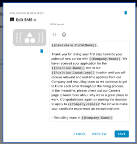 The Edit SMS dialog with the message text and merge fields, and Cancel, Preview and Save buttons