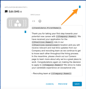 The Edit SMS dialog with an arrow pointing to the trash can icon at the top right