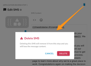 The Delete SMS confirmation dialog with Cancel and Delete buttons and an arrow pointing to the trash can icon