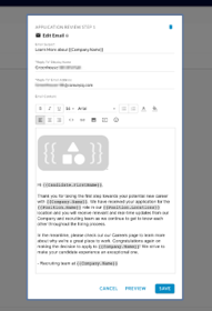 The Edit Email dialog with subject and reply-to fields, a formatting toolbar and the message body