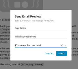 The Send Email Preview dialog with name, email and position fields and Cancel and Send buttons