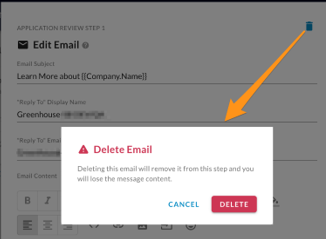 The Delete Email confirmation dialog, with an arrow pointing to the trash can icon in the Edit Email dialog