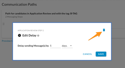 The Edit Delay dialog with an arrow pointing to the trash can icon at the top right