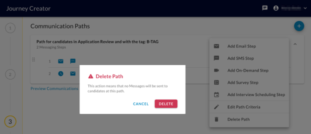 The Delete Path confirmation dialog with Cancel and Delete buttons, over the open path menu