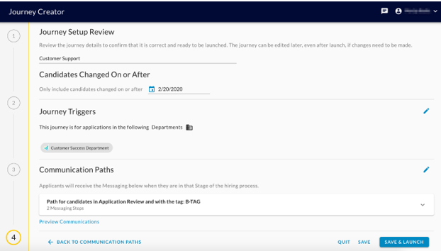 The Journey Setup Review step summarizing settings, triggers and paths, with Save and Save & Launch buttons