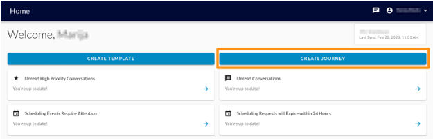 The Home page with an orange box around the Create Journey button