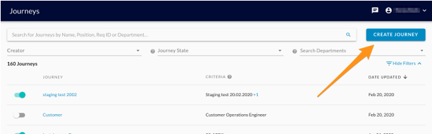 The Journeys page with an orange arrow pointing to the Create Journey button