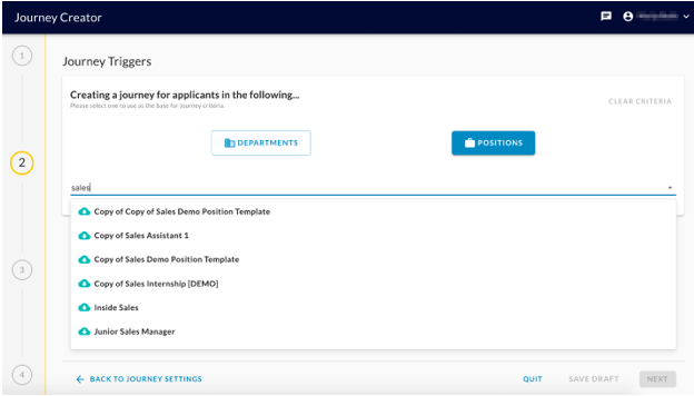 The Journey Triggers step with a position search for sales showing a list of matching positions