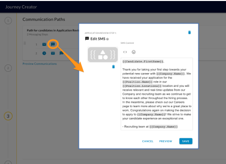 An orange circle on a text message icon in a communication path, with an arrow to the Edit SMS panel