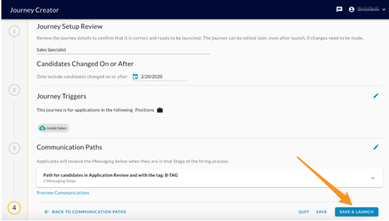 The Journey Creator Journey Setup Review step with an orange arrow pointing to the Save & Launch button