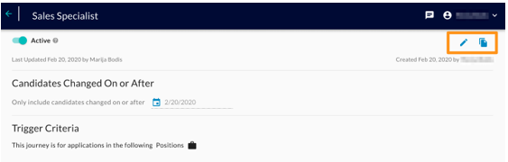 The Sales Specialist journey page with an Active toggle and an orange box around the pencil and copy icons