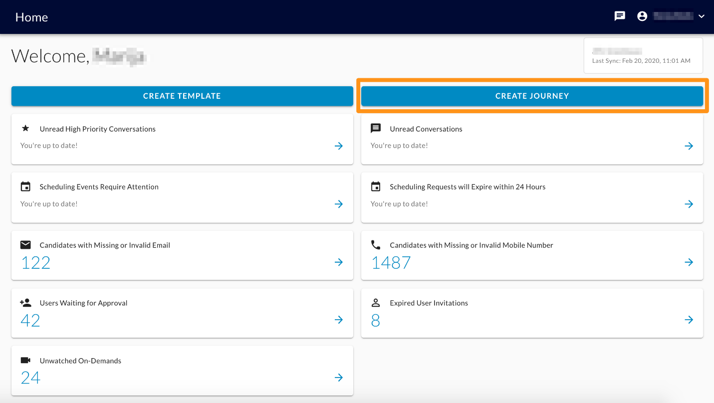 The Home page with an orange box around the Create Journey button