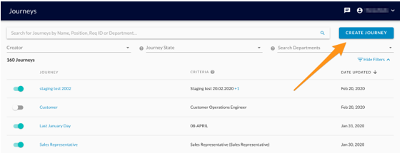 The Journeys page with an orange arrow pointing to the Create Journey button