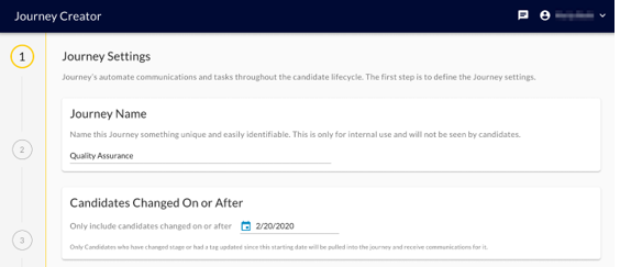 The Journey Creator step 1, Journey Settings, with the Journey Name and Candidates Changed On or After fields